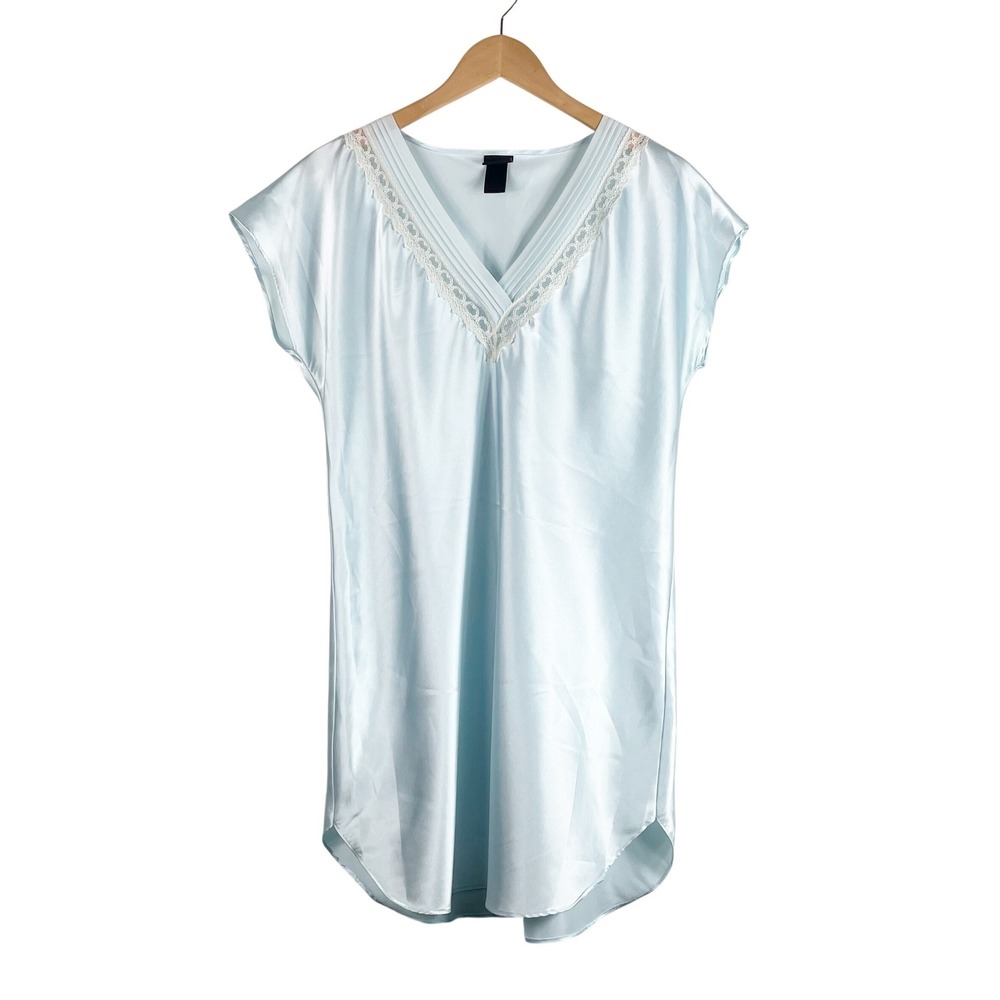 Secret Treasures Satin Nightgown Women's L Light Blue Lace Trim V-Neck Lounge